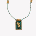 Retro 18K gold plated necklace with woven rope and green palm tree tarot pendant - Gold Blue