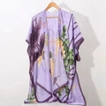 Floral bird print purple satin kimono shawl with sleeves for summer sun protection - One Size / Purple Lotus