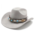Detail of vintage suede cowboy hat with brown leather band and turquoise stone accents - M (56-59cm) / Light Grey Suede