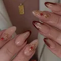 Luxurious almond press-on nails in nude pink with burgundy French tips and gold lines - Bz1552 Golden Thread Flower Stamen / Glue Type