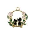 Ciondolo in lega con gatti neri e tulipani rosa in anello dorato per gioielli fai-da-te - Ciondolo Gatto Nero Vintage Rotondo con Strass