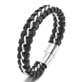 Bracciale vintage da uomo in pelle nera intrecciata con catena in acciaio argento e chiusura magnetica - Bianco e nero misto
