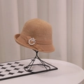 Elegant camel faux mink cloche hat with stylish knit texture and pearl bow detail - Pearl Ring / Khaki