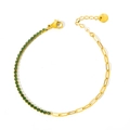 Elegant titanium steel bracelet with green zircon inlay and gold rectanlge chain link - Gold/Green