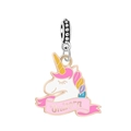 Dettaglio di un ciondolo a forma di unicorno dorato con smalto rosa e incisione - Testa di Unicorno