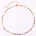 Flat lay of gold chain necklace with colorful enamel heart charms on white background - Multicolor Necklace 3 (Red Black Blue Green White)