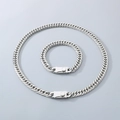 Polished silver stainless steel Cuban chain set including necklace and bracelet with clasp - Bracelet 21cm / 9mm Wide Beveled Double Weave Chain - Type B Buckle / Steel