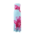 Detailopname van strapless lichtblauwe maxi-jurk met levendige roze orchideeënprint - S / Blauw