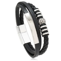 Close-up of black braided PU leather bracelet with silver metal plate and magnetic clasp - 02 Black