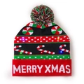 Christmas LED knitted hat with candy cane patterns and glowing Merry Xmas text on white - Candy Cane Christmas Hat