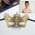 Golden crown lace masquerade mask with glitter finish and black ribbon ties - Crown