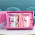 Nordic marble ceramic mug set in grey and pink with gold spoons and pink gift box - Flamingo Couple Mug Set