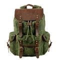 Army green waxed canvas backpack with brown leather accents and retro brass hardware - Lake Green