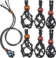Detail of adjustable black woven necklace cord with wooden beads and stone holder pouch - Large Holder (35-50mm) / Black