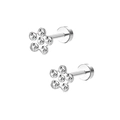 Silver flower stud earrings with clear cubic zirconia crystals and flat back design - White Plum Blossom