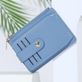Minimalist blue faux leather card holder with zipper pocket and metal snap closure - Blue