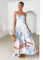 Close-up of silk floral print maxi dress with thin straps and elegant high waist flowy hem - S / Top And Bottom / Blue