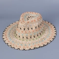 Dettaglio di cappello di paglia boho con ricami colorati a punto croce e bordo rifinito - M (56-58cm) / Paglia naturale con cuciture nere