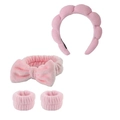 Detailed close-up of pink coral fleece spa headband and wristband set for skincare - Pink Headband Wristbands And Hair Tie Set
