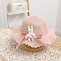 Cappello di paglia rosa per bambini con bordi smerlati e decorazione a coniglietto - 52cm (Consigliato per 1-4 anni) / Cappello Rosa