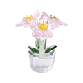 Pink crystal flower desk ornament with green leaves in a transparent faceted pot - Five-Petal Flower-Pink