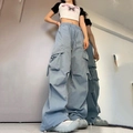 Women's light blue high waist wide leg cargo pants with functional pockets - S / Blue