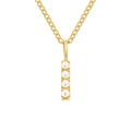 Elegante collana con pendente a barra verticale dorata e quattro perle bianche su catena O - Lettera I - Oro