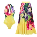 Floral print swimwear set featuring a yellow halter one-piece and matching maxi skirt - S / Yellow Floral Halter One Piece + Maxi Skirt Set