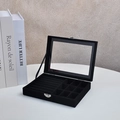 Black velvet jewelry organizer with glass lid and compartments for rings and studs - 9 Grids / Black