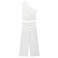Conjunto blanco de dos piezas con top plisado de un hombro y pantalón ancho de talle alto - XS / Blanco