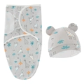 Detail of soft cotton baby swaddle wrap and matching hat with giraffe cartoon pattern - Grey Giraffe Swaddle + Hat Set