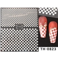 Black and white checkerboard 3D nail art stickers TH-0823 on model hand with pearls - TH-0823 (Classic B&W Checkerboard)