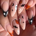 Handmade Halloween almond press-on nails with ghost, bat, and pumpkin art - K060【24pcs】 / Boxed (jelly Gel + Granules)