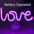 Purple LED neon love sign with round base, battery powered for bedroom table decor - Pink LOVE