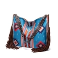 Detail of bohemian woven tote bag with fringe tassels and geometric diamond patterns - Style 1