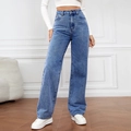 Vaqueros de mujer de talle alto y pernera ancha en denim lavado azul oscuro de corte recto - S / Bottoms / Azul marino