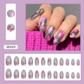 Mandelförmige silberne Glitzer-Klebenägel mit rosa und lila Blumendesign, 24er-Set - Kleber-Typ / Silber Glitzer Blumen (W669)