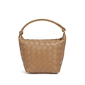 Handwoven tan leather hobo bag with large lattice intrecciato pattern and top handle - B2051# Khaki