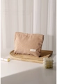 Khaki corduroy makeup bag on a wooden tray with a minimalist aesthetic detail - Brown