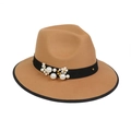 Elegant camel wide brim fedora hat featuring black band with pearls and floral details - M (56-58cm) / Camel (88 Series Pearl Flower Decor)