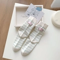 Off-white cotton mid-calf socks with light green stripes and pink struggle label - One Size / White with Green Stripes