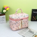 Quilted pink cotton makeup bag with cute rabbit strawberry print and top handle - Sanitary Napkin Bag / Pink Rabbit