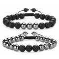 Adjustable 8mm black lava rock and hematite stone bead bracelet set for couples - Magnet Stone Set