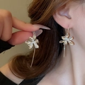 Close-up of silver flower drop earrings with wrinkled metal texture on a model - Silver Iris Flower Ear Hook (3#)