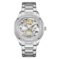 Men's skeleton mechanical watch with silver stainless steel strap and date display - Silver