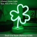 Green clover LED neon sign with white base, battery or USB powered, 23.5cm height - Clover Green Light