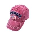 Close-up of distressed wine red baseball cap with AMERICA 3D embroidery and USA flag patch - Burgundy