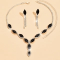 Close-up of bridal jewelry set with black marquise stones and silver tassels - 650 Black