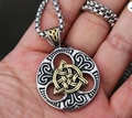 Silver Viking Celtic knot round pendant necklace with golden triquetra in stainless steel - Pendant with Keel Chain Style