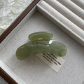 Detailed macro view of dark green translucent resin hair claw with sturdy gold metal spring - Fruit Green